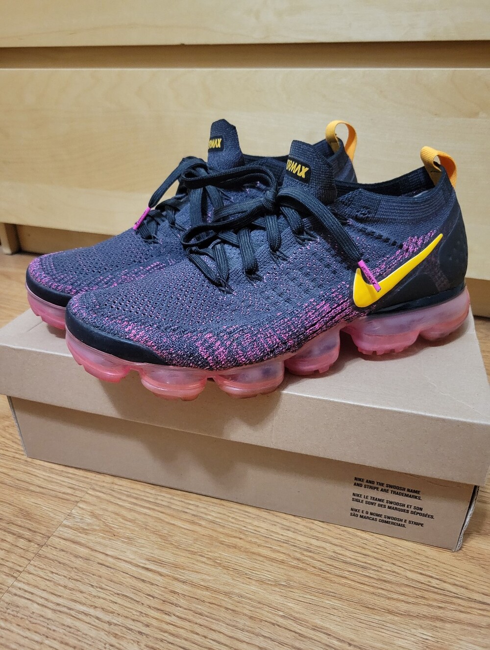 Nike Mens VaporMax Flyknit Sneakers - Black, Pink & Yellow